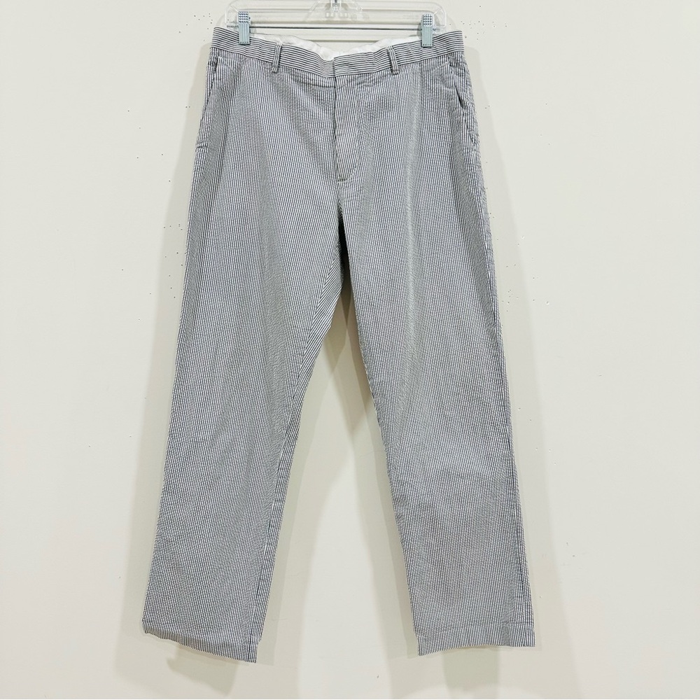 J. CREW Men’s 34x 30 Classic Slim Fit Seersucker Cotton Pants White Blue Striped